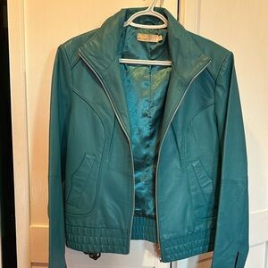 Turquoise Blue Leather Bomber Jacket